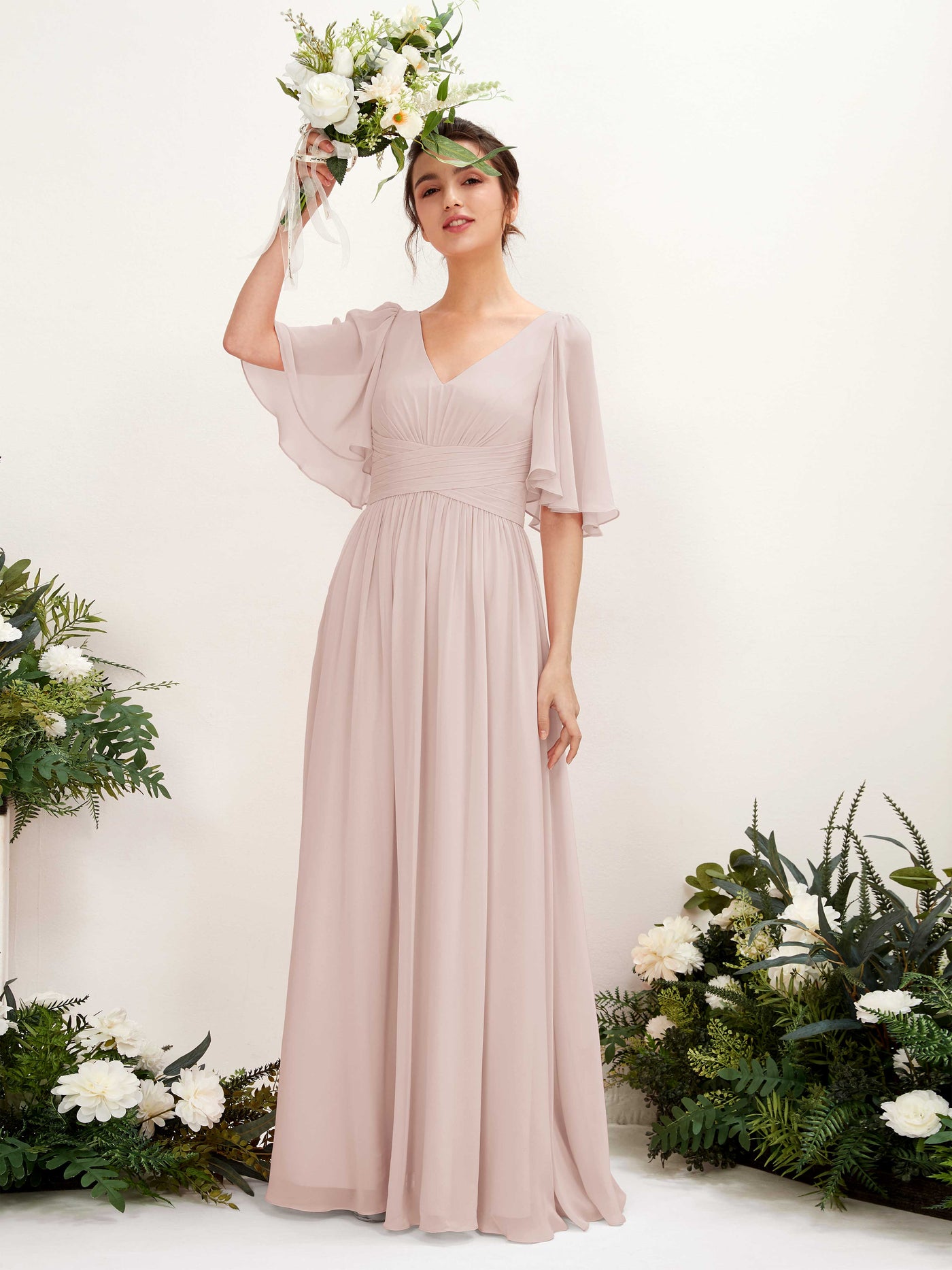 Biscotti Bridesmaid Dresses Bridesmaid Dress A-line Chiffon V-neck Full Length 1/2 Sleeves Wedding Party Dress (81221635)#color_biscotti