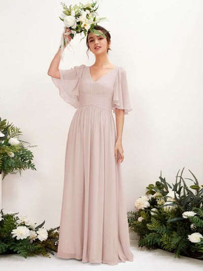 Carlyna Odette A-Line Biscotti Bridesmaid Dress Maxi Short Sleeve V-Neck Dress Front View #color_biscotti