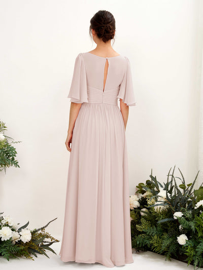 Carlyna Odette A-Line Biscotti Bridesmaid Dress Maxi Short Sleeve V-Neck Dress Back View #color_biscotti
