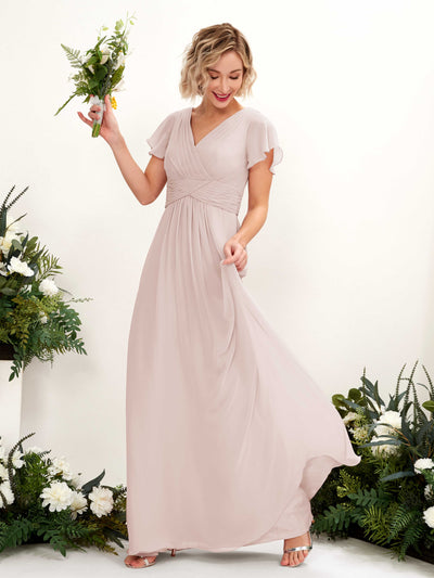 Carlyna Tolly A-Line Biscotti Bridesmaid Dress Maxi Cap Sleeve V-Neck Dress Front View #color_biscotti