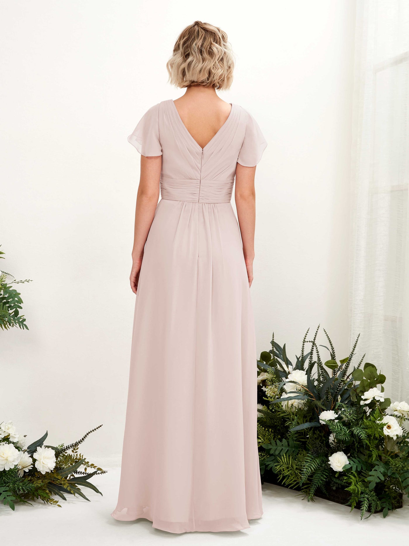 Biscotti Bridesmaid Dresses Bridesmaid Dress A-line Chiffon V-neck Full Length Short Sleeves Wedding Party Dress (81224335)#color_biscotti