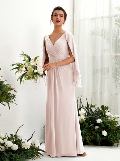 Carlyna Alain A-Line Biscotti Bridesmaid Dress Maxi Cap Sleeve V-Neck Dress Front View #color_biscotti