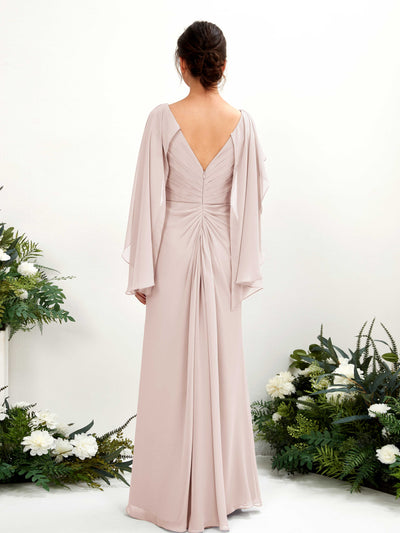Carlyna Alain A-Line Biscotti Bridesmaid Dress Maxi Cap Sleeve V-Neck Dress Back View #color_biscotti