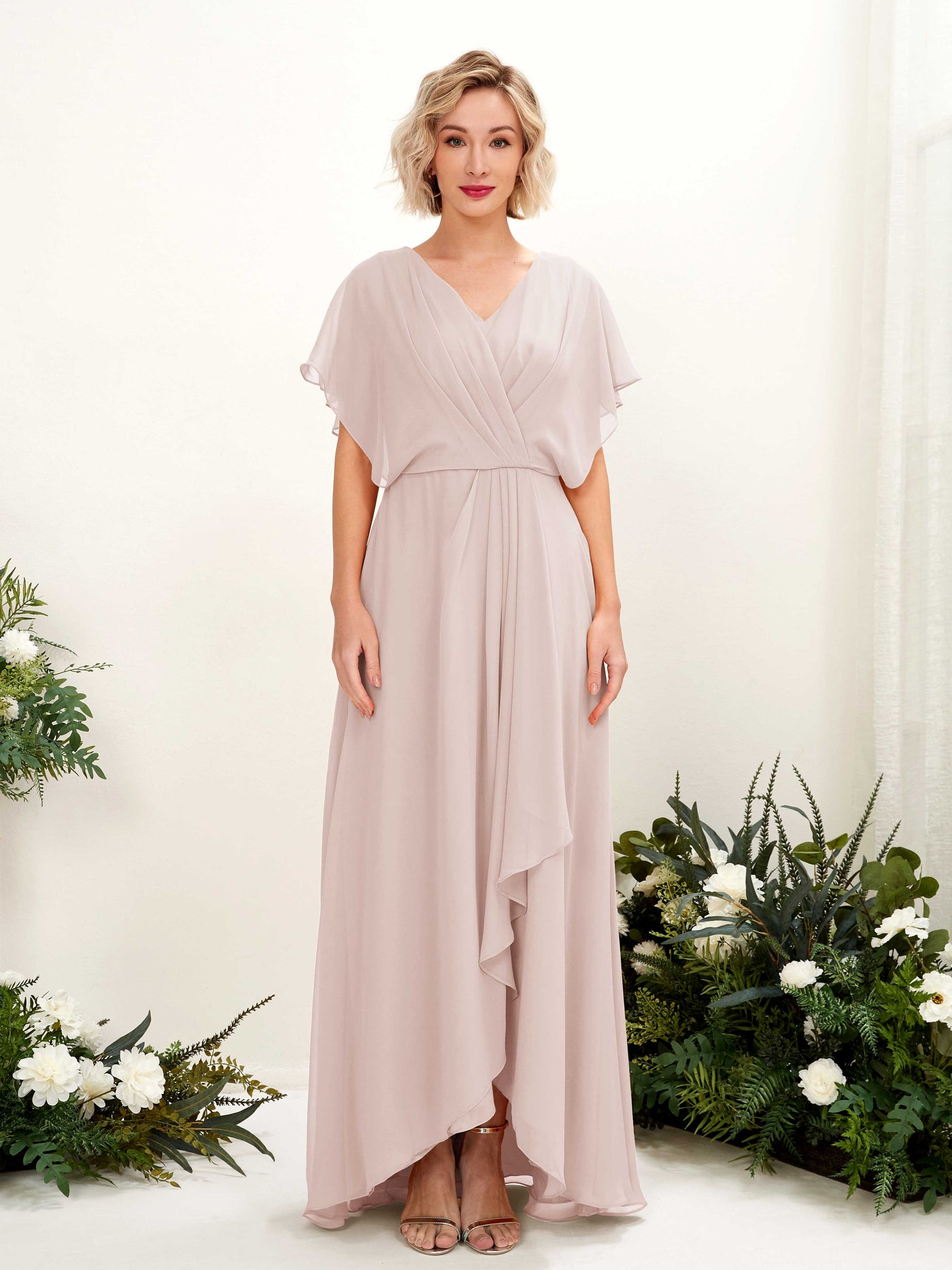 Biscotti Bridesmaid Dresses Bridesmaid Dress A-line Chiffon V-neck Full Length Short Sleeves Wedding Party Dress (81222135)#color_biscotti