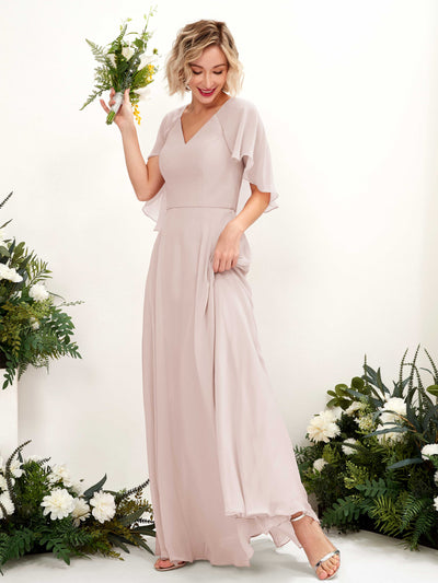 Carlyna Winnie A-Line Biscotti Bridesmaid Dress Maxi Short Sleeve V-Neck Dress Front View #color_biscotti