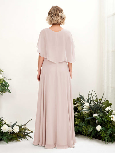 Carlyna Winnie A-Line Biscotti Bridesmaid Dress Maxi Short Sleeve V-Neck Dress Back View #color_biscotti