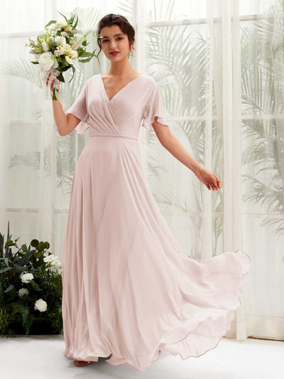 Carlyna Daphne A-Line Biscotti Bridesmaid Dress Maxi Short Sleeve V-Neck Dress Front View #color_biscotti