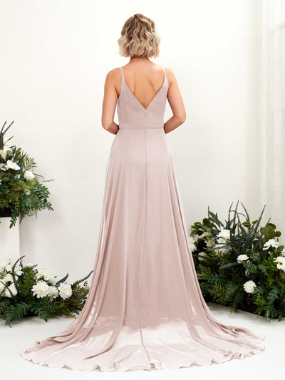 Carlyna Mana A-Line Biscotti Bridesmaid Dress Maxi Sleeveless V-Neck Dress Back View #color_biscotti
