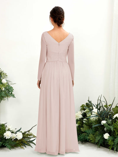 Carlyna Coline A-Line Biscotti Bridesmaid Dress Maxi Long Sleeve V-Neck Back View #color_biscotti