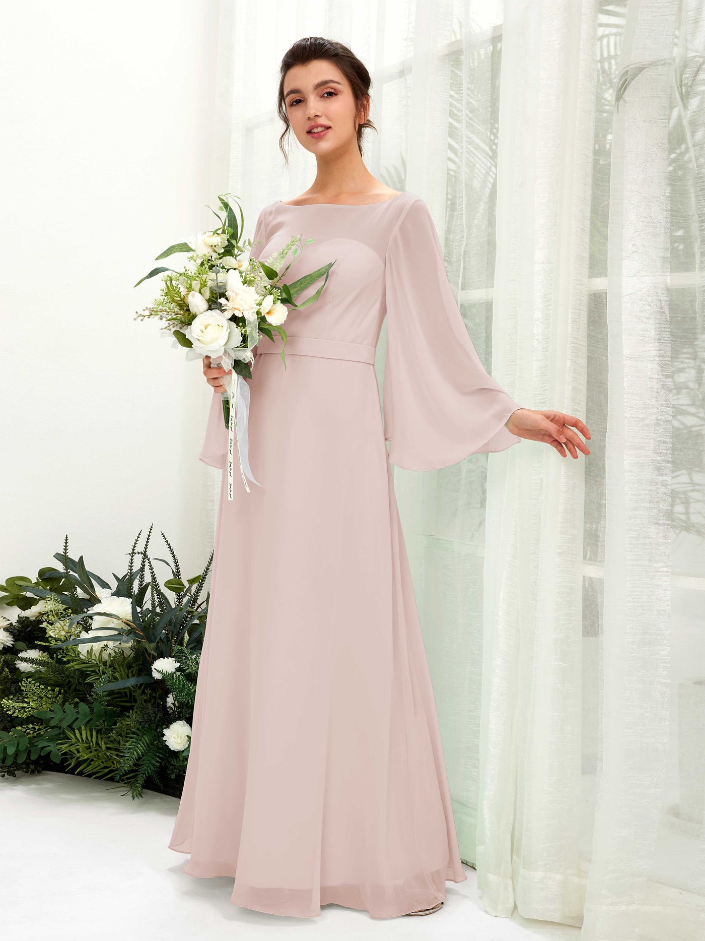 Biscotti Bridesmaid Dresses Bridesmaid Dress A-line Chiffon Bateau Full Length Long Sleeves Wedding Party Dress (81220535)#color_biscotti