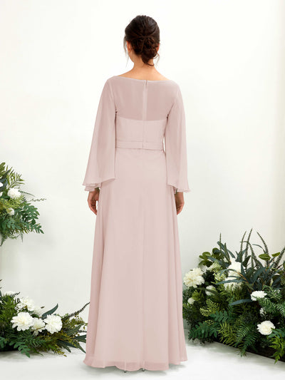 Carlyna Elie A-Line Biscotti Bridesmaid Dress Maxi Long Sleeve Boat Neck Back View #color_biscotti
