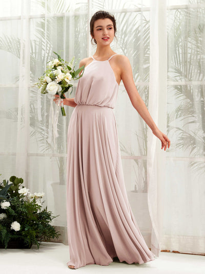 Carlyna Alva A-Line Biscotti Bridesmaid Dress Maxi Sleeveless Halter Dress Front View #color_biscotti