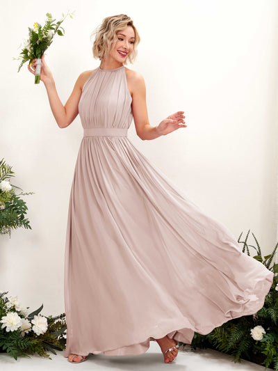 Carlyna Eden A-Line Biscotti Bridesmaid Dress Maxi Sleeveless Round Neck Dress Front View #color_biscotti