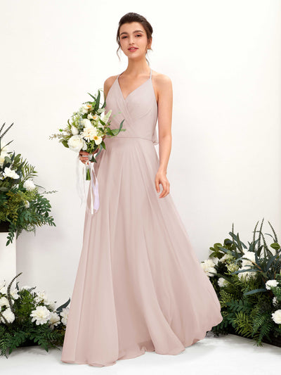 Carlyna Launo A-Line Biscotti Bridesmaid Dress Maxi Sleeveless V-Neck Dress Front View #color_biscotti
