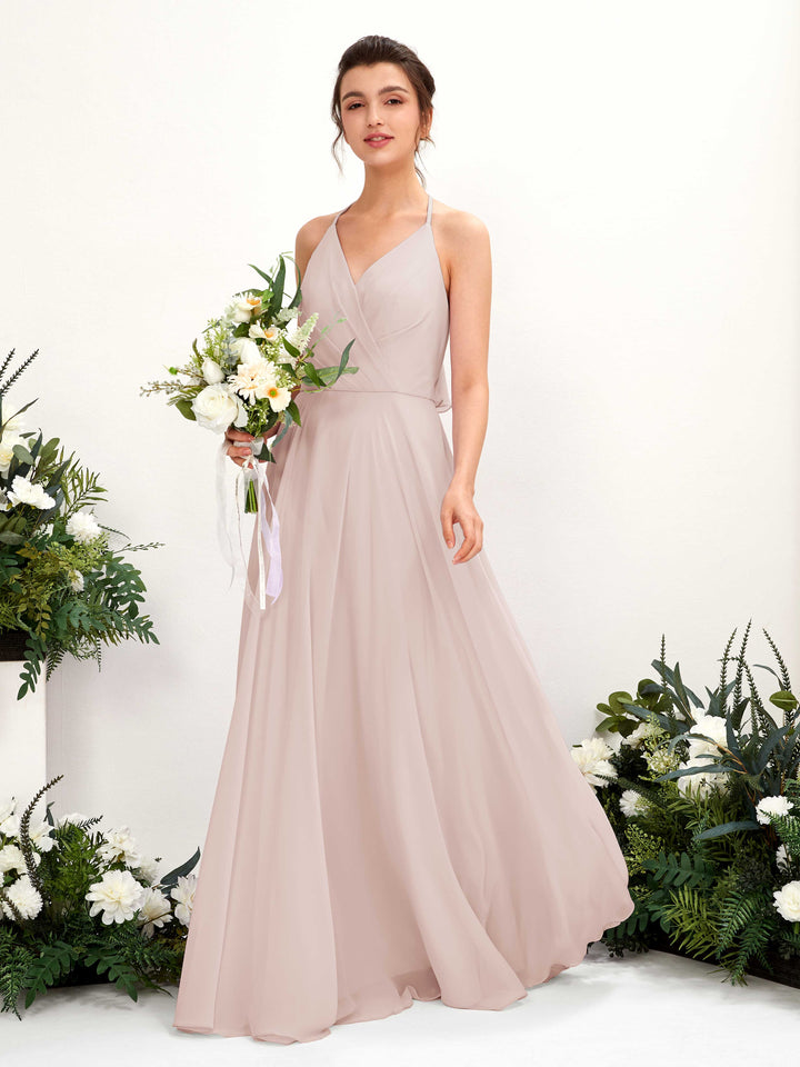 Halter V-neck Sleeveless Chiffon Bridesmaid Dress - Biscotti (81221035)