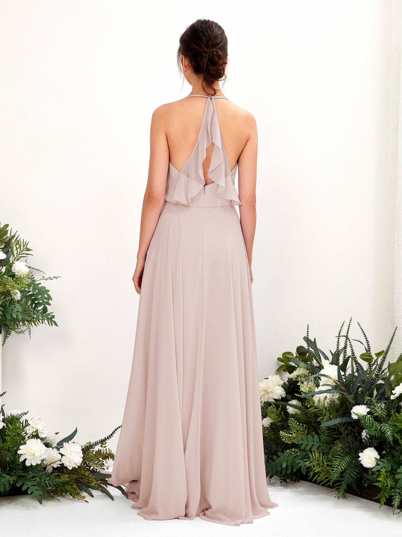 Halter V-neck Sleeveless Chiffon Bridesmaid Dress - Biscotti (81221035)#color_biscotti