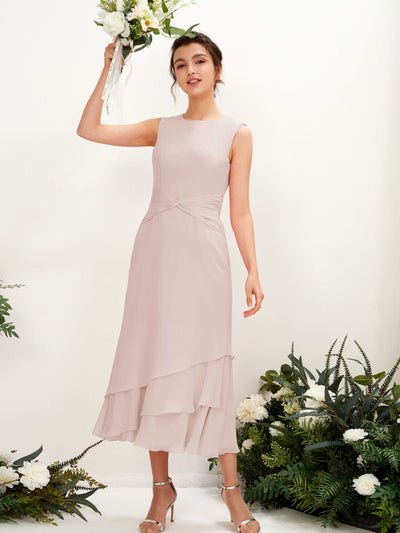 Carlyna Raina Mermaid Biscotti Bridesmaid Dress Midi Sleeveless Round Neck Dress Front View #color_biscotti