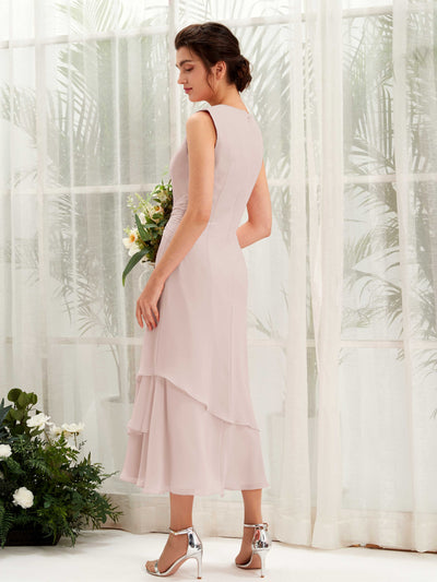 Carlyna Raina Mermaid Biscotti Bridesmaid Dress Midi Sleeveless Round Neck Dress Back View #color_biscotti