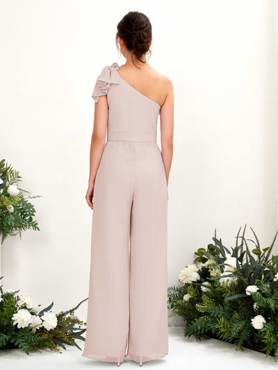 Carlyna Jasmine Jumpsuit Biscotti Bridesmaid Dress Maxi Sleeveless One Shoulder Dress Back View #color_biscotti