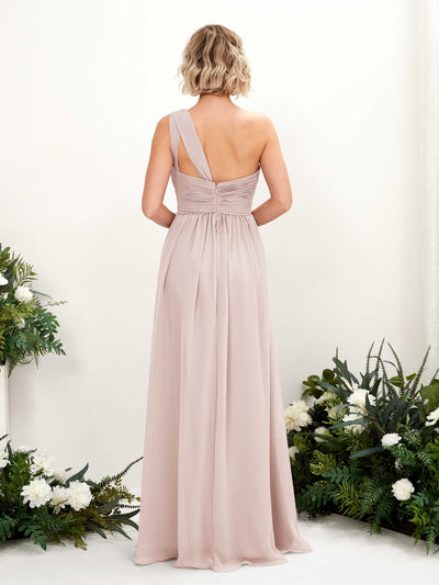 Carlyna Flaze A-Line Biscotti Bridesmaid Dress Maxi Sleeveless One Shoulder Dress Back View #color_biscotti