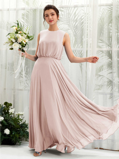 Carlyna Alma A-Line Biscotti Bridesmaid Dress Maxi Sleeveless Round Neck Dress Front View #color_biscotti