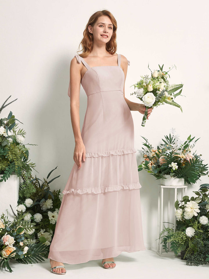 Bridesmaid Dress Chiffon Straps Full Length Sleeveless Wedding Party Dress - Biscotti (81227535)