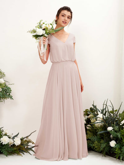 Carlyna Pauline A-Line Biscotti Bridesmaid Dress Maxi Cap Sleeve V-Neck Dress Front View #color_biscotti