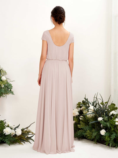 Carlyna Pauline A-Line Biscotti Bridesmaid Dress Maxi Cap Sleeve V-Neck Dress Back View #color_biscotti