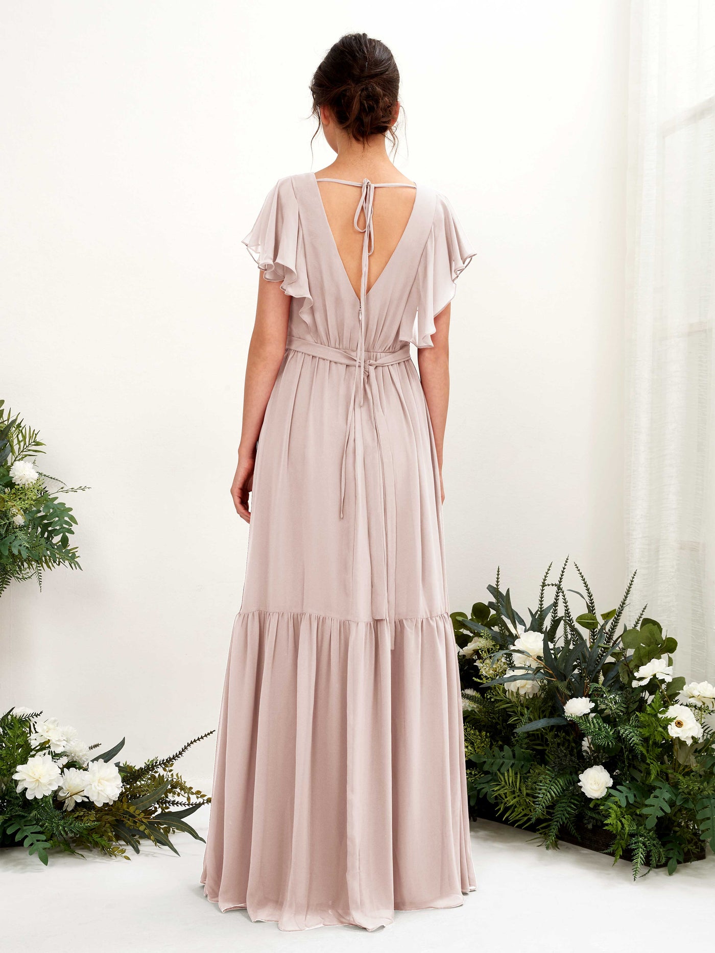 Biscotti Bridesmaid Dresses Bridesmaid Dress A-line Chiffon V-neck Full Length Short Sleeves Wedding Party Dress (81225935)#color_biscotti