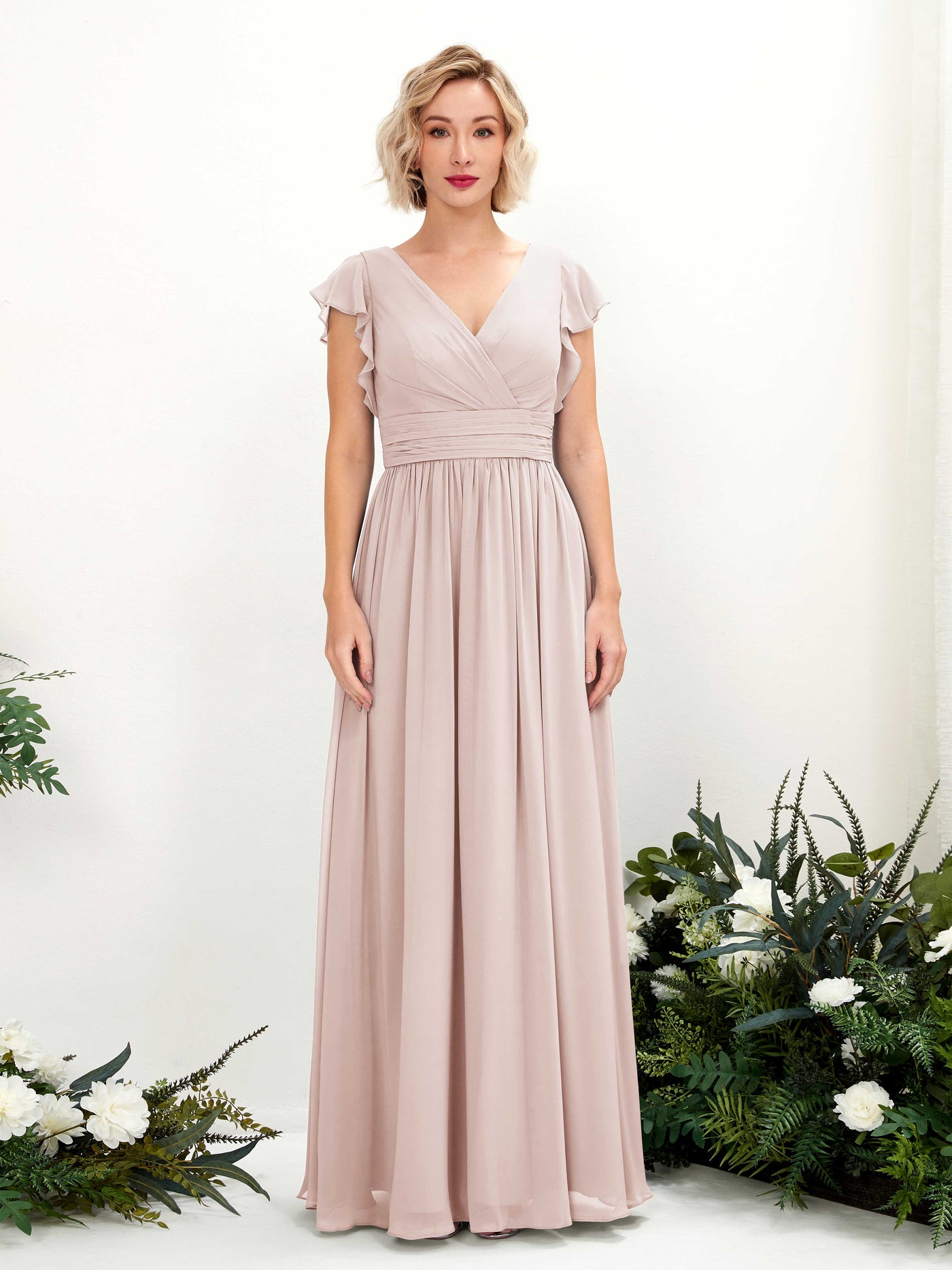 Biscotti Bridesmaid Dresses Bridesmaid Dress A-line Chiffon V-neck Full Length Short Sleeves Wedding Party Dress (81222735)#color_biscotti