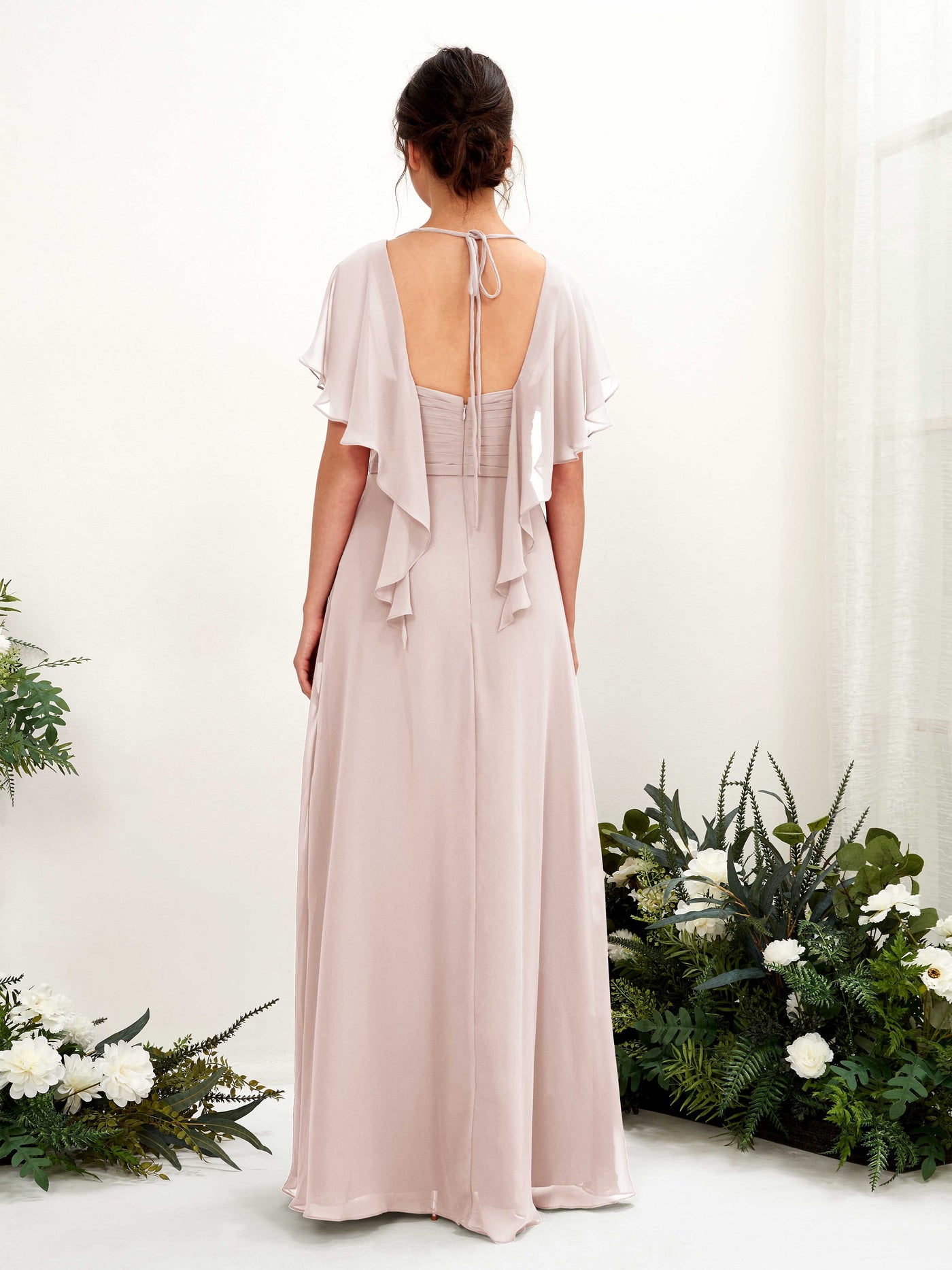 Open back V-neck Short Sleeves Chiffon Bridesmaid Dress - Biscotti (81226135)#color_biscotti