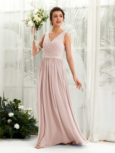 Carlyna Barbara A-Line Biscotti Bridesmaid Dress Maxi Sleeveless V-Neck Dress Front View #color_biscotti