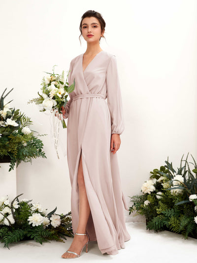 Carlyna Elsie A-Line Biscotti Bridesmaid Dress Maxi Long Sleeve V-Neck Front View #color_biscotti