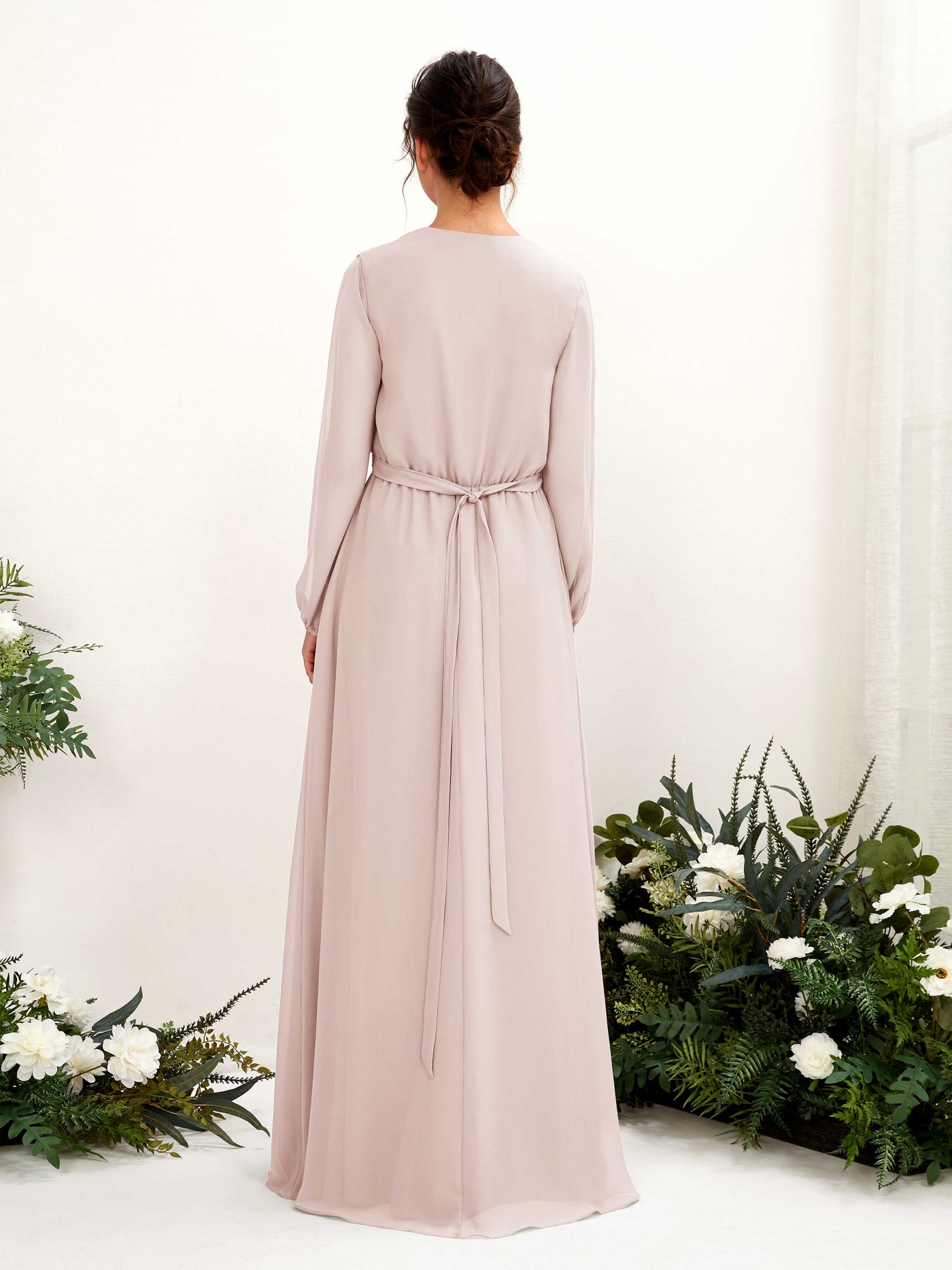 Biscotti Bridesmaid Dresses Bridesmaid Dress A-line Chiffon V-neck Full Length Long Sleeves Wedding Party Dress (81223235)#color_biscotti