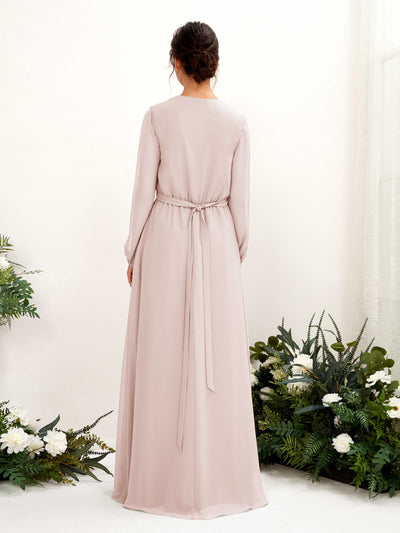 Carlyna Elsie A-Line Biscotti Bridesmaid Dress Maxi Long Sleeve V-Neck Back View #color_biscotti