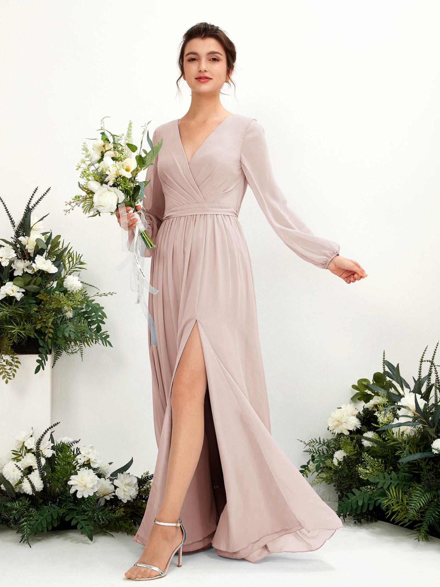 Biscotti Bridesmaid Dresses Bridesmaid Dress A-line Chiffon V-neck Full Length Long Sleeves Wedding Party Dress (81223835)#color_biscotti