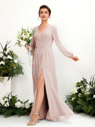 Carlyna Ginny A-Line Biscotti Bridesmaid Dress Maxi Long Sleeve V-Neck Front View #color_biscotti