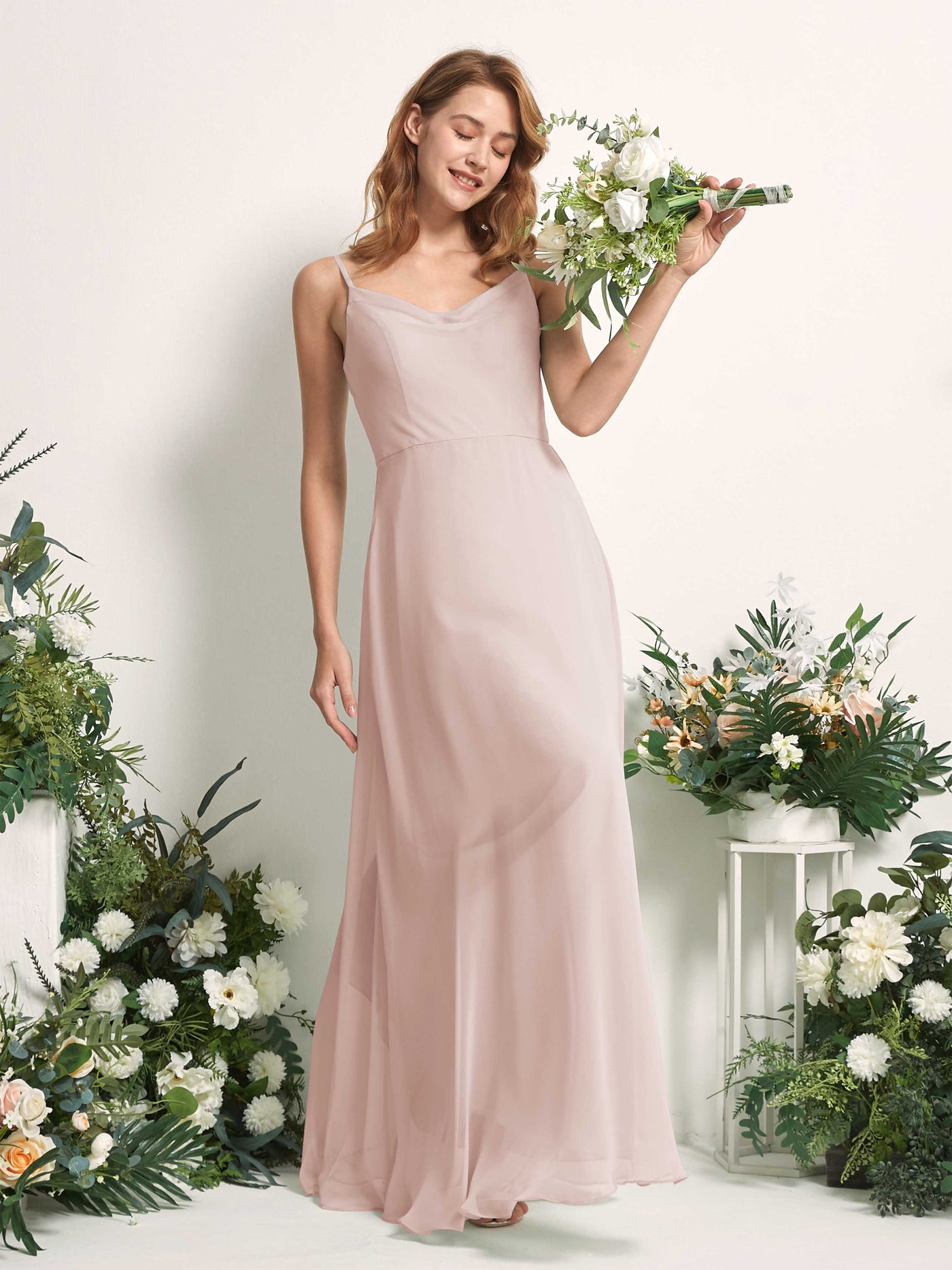Bridesmaid Dress A-line Chiffon Spaghetti-straps Full Length Sleeveless Wedding Party Dress - Biscotti (81227235)#color_biscotti
