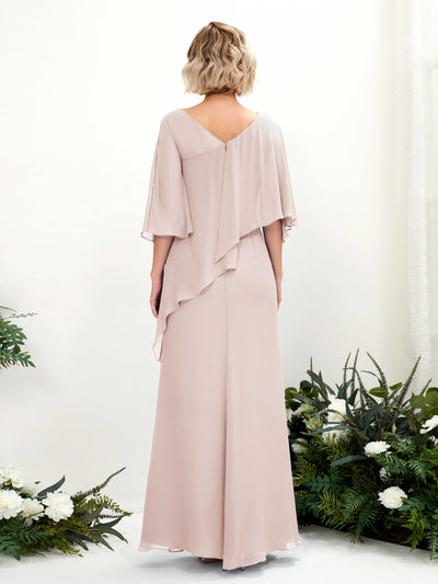 Carlyna Violaine A-Line Biscotti Bridesmaid Dress Maxi Three Quarter Sleeve V-Neck Dress Back View #color_biscotti