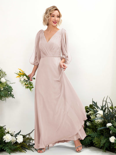 Carlyna Antonia A-Line Biscotti Bridesmaid Dress Maxi Three Quarter Sleeve V-Neck Dress Front View #color_biscotti
