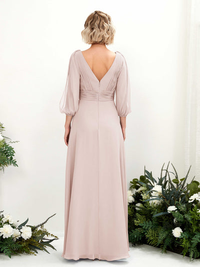 Carlyna Antonia A-Line Biscotti Bridesmaid Dress Maxi Three Quarter Sleeve V-Neck Dress Back View #color_biscotti