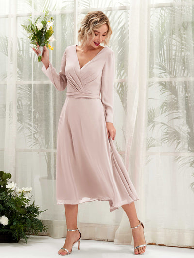 Carlyna Joanna A-Line Biscotti Bridesmaid Dress Midi Long Sleeve V-Neck Front View #color_biscotti