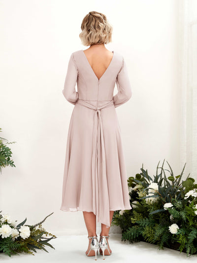 Carlyna Joanna A-Line Biscotti Bridesmaid Dress Midi Long Sleeve V-Neck Back View #color_biscotti