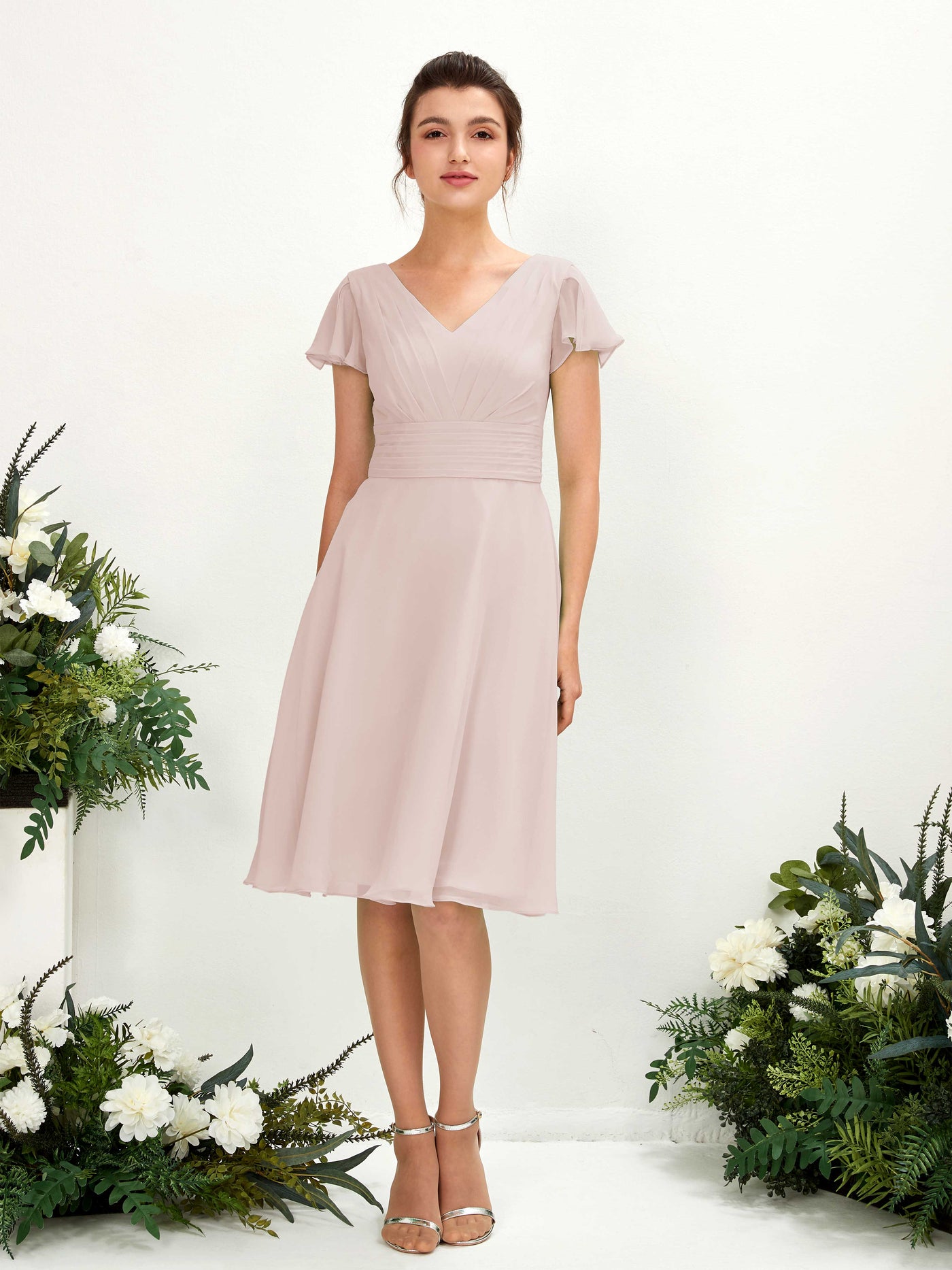 Biscotti Bridesmaid Dresses Bridesmaid Dress Chiffon V-neck Knee Length Short Sleeves Wedding Party Dress (81220235)#color_biscotti