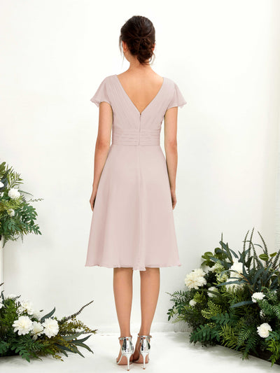 Carlyna Betty A-Line Biscotti Bridesmaid Dress Knee-Length Short Sleeve V-Neck Dress Back View #color_biscotti