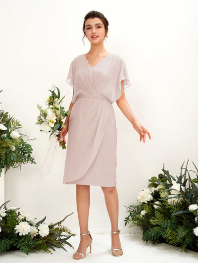 Carlyna Vanessa Sheath Biscotti Bridesmaid Dress Knee-Length Cap Sleeve V-Neck Dress Front View #color_biscotti