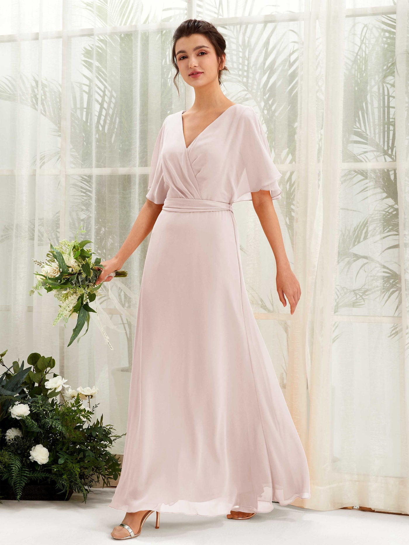 Biscotti Bridesmaid Dresses Bridesmaid Dress A-line Chiffon V-neck Full Length Short Sleeves Wedding Party Dress (81222435)#color_biscotti