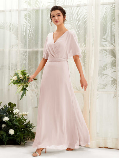 Carlyna Merta A-Line Biscotti Bridesmaid Dress Maxi Short Sleeve V-Neck Dress Front View #color_biscotti