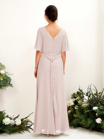 Carlyna Merta A-Line Biscotti Bridesmaid Dress Maxi Short Sleeve V-Neck Dress Back View #color_biscotti