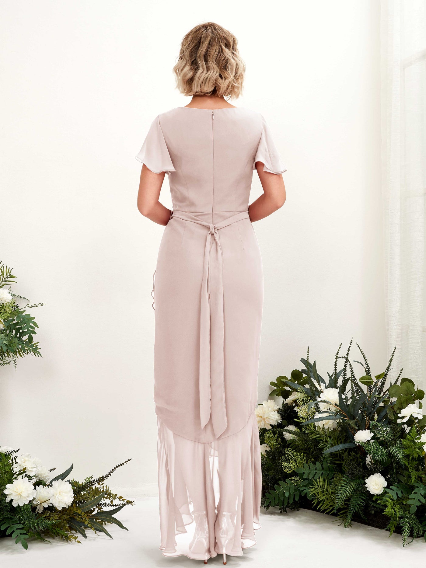 V-neck Short Sleeves Chiffon Bridesmaid Dress - Biscotti (81226235)#color_biscotti